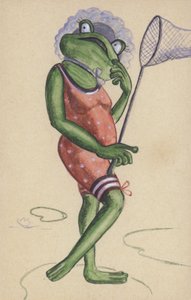 青蛙身着泳装，手持渔网（彩色石版画） 作者 欧洲学校
