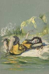 躺在海滩或河岸上的女孩（彩色石版画） 作者 欧洲学校
