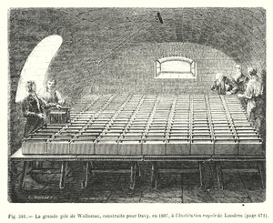 1807 年在伦敦皇家学院为戴维建造的沃拉斯顿大桩（雕刻） 作者 欧洲学校