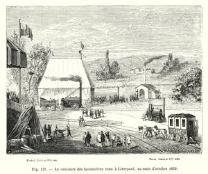 1829年10月在利物浦举行的机车比赛（版画） 作者 欧洲学校