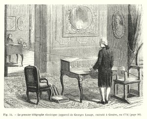 第一台电报，Georges Lesage 的装置，于 1774 年在日内瓦制造（雕刻） 作者 欧洲学校