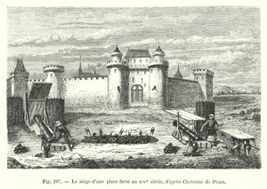 克里斯汀·德·皮桑 (Christine de Pisan) 之后的 14 世纪围攻堡垒（版画） 作者 欧洲学校