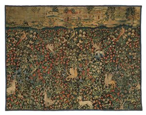 千花挂毯碎片，描绘动物、鸟类和风景，约 1500 年（羊毛） 作者 欧洲学校