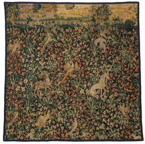 千花挂毯碎片，描绘动物、鸟类和风景，约 1500 年（羊毛） 作者 欧洲学校