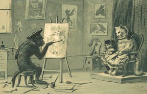 猴子画猫和小猫的肖像（石版画） 作者 欧洲学校