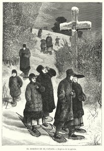 加拿大周日从教堂返回的穿着雪鞋的人们（石版画） 作者 欧洲学校
