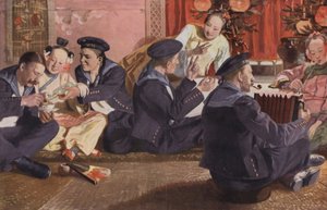 中国茶馆里的水手（彩色石版画） 作者 欧洲学校