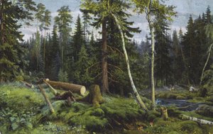 砍伐树木的森林场景（彩色石版印刷） 作者 欧洲学校