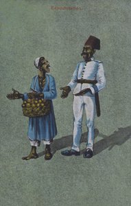 街头小贩与穿制服的男子发生争执（彩色石版画） 作者 欧洲学校