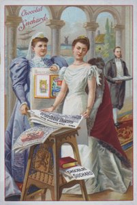 拿着报纸的女人，苏查德巧克力广告（chromolitho） 作者 欧洲学校