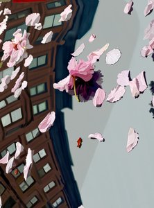 吹在汽车挡风玻璃上的樱花（数字艺术） 作者 埃文·斯克拉