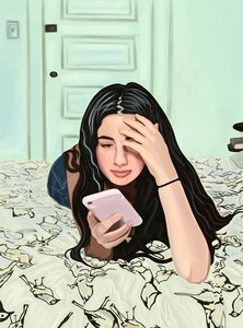 躺在床上看智能手机的女孩（数字艺术） 作者 埃文·斯克拉