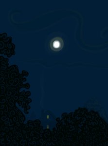 有屋檐的房子和夜晚树影下的月亮（数字艺术）