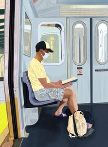 穿着脱衣舞短裤的男子在地铁上看书，约 2020-24 年（数字艺术） 作者 埃文·斯克拉