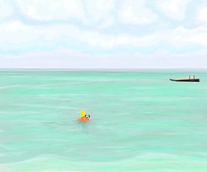 女子带着狗在海里游泳 作者 埃文·斯克拉