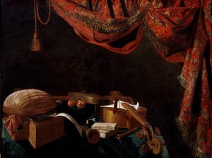 Evarista Baschenis的静物与乐器和书籍绘画