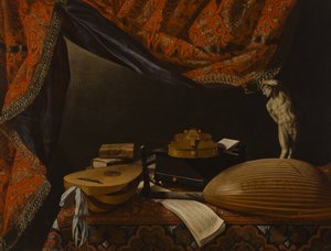 乐器，书籍和雕塑的静物，c。 1650