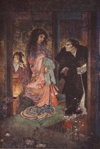 新三郎认出了津由和她的女仆米，插图选自 F. Hadland Davis 所著《日本的神话与传说》。 作者 伊芙琳·保罗