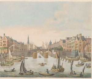 Gezicht op de Nieuwe-Brug，约 1810-1813 年
从 Y 处沿水和 Damrak 到大坝拍摄的新桥景观（标题在实物上）