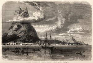Borabora岛的Rade和山峰，由Evremond Auguste de Berard（1824-1881）绘制，用于说明查尔斯-达尔文（1809-1882）1858年在加拉帕戈斯群岛和珊瑚岛的自然学家之旅。雕刻在 "Le tour du mond "中。