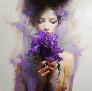 一个美丽的女人穿着抽象的紫色花朵, 壁画 | 帆布打印 作者 法赫塔利·阿卜杜勒拉希姆