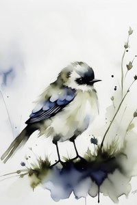 水彩画中的孤鸟，室内壁饰艺术印刷品 作者 法赫塔利·阿卜杜勒拉希姆