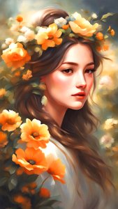 美丽风景中用鲜花装饰的女人，壁画版画 作者 法赫塔利·阿卜杜勒拉希姆