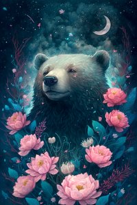 小熊在鲜花环绕的梦幻场景中，有框海报版画 作者 法赫塔利·阿卜杜勒拉希姆