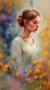 画布上的美丽少女肖像和花朵，壁画打印，色彩鲜艳 作者 法赫塔利·阿卜杜勒拉希姆