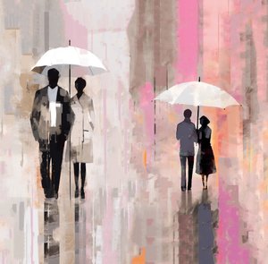 雨中伞下的民族情侣 抽象油画，墙面艺术打印 作者 法赫塔利·阿卜杜勒拉希姆