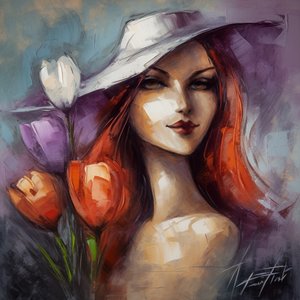印象派女孩肖像与番红花，丙烯花卉帆布油画 作者 法赫塔利·阿卜杜勒拉希姆