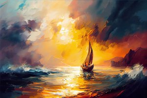 海上帆船，帆布日出海景画，墙面艺术印刷品 作者 法赫塔利·阿卜杜勒拉希姆