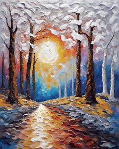 夕阳穿过森林，风景画布印花，色彩鲜艳的绘画 作者 法赫塔利·阿卜杜勒拉希姆
