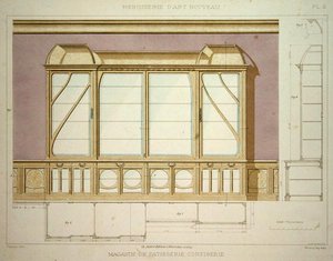 糕点店展示柜的设计，插图来自约1900年出版的《新艺术的菜单》（彩色平版印刷）。