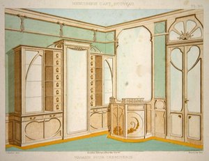 衬衫裁缝店的室内设计，来自约1900年出版的《新艺术菜单》的插图（彩色平印）。 作者 巴拉巴斯