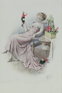 明信片，描绘一名妇女与男子形状的香槟酒瓶，约 1900 年（彩色石版印刷）。 作者 F库德纳