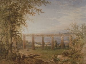 1849年的砖和木材铁路高架桥与蒸汽火车（纸上wc）（对3247622）