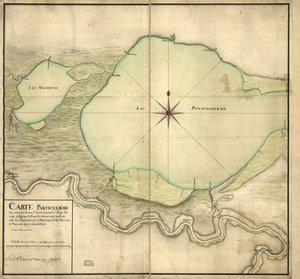 圣路易斯河从荒野村庄到 Detour aux Angloix 下方、Pontchartrain 湖和 Maurepas 湖以及通向那里的河流和河口的详细地图 作者 F.索西尔
