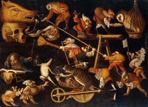 假想动物和小矮人的战斗，饮水和狂欢 作者 Faustino Bocchi或Boccasi