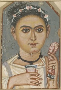 头发上戴着花环的男孩，约200-230年 作者 Fayum 木乃伊肖像