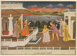 一个被蒙住眼睛的求婚者被带到公主面前，1755年。