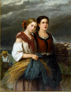 田地的回归 两个围裙围着麦穗的年轻农民站在一起。 Federica Giuliano Gervasoni (1838-1915) 1863 年作画。 135x105 厘米 Genes Nervi，Galleria d
