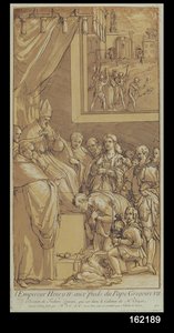 皇帝亨利四世（1050-1106）位于教皇格雷戈里七世（1020-85）的脚下，由Nicolas Le Sueur（1691-1764）刻