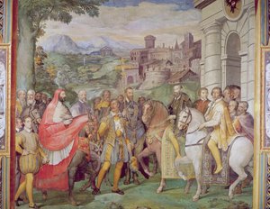 查尔斯五世（1500-58）与Alessandro Farnese（1546-92）在沃尔姆斯，来自&39;Sala dei Fasti Farnese&39;（法尔内塞的辉煌殿堂），1557-66（见95812） 作者 Federico Zuccaro
