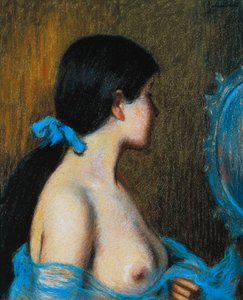 年轻女子在镜子前，由Federico Zandomeneghi(1841-1917)创作，纸上粉彩画在画布上，46x38厘米