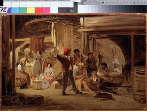 Derriere la scène du cirque（马戏团场景背后）。Feodor Andeyevich Bronnikov（1827-1902 年）的画作。布面油画