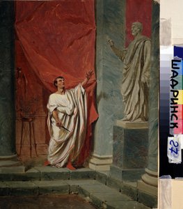 布鲁图（马库斯-朱尼厄斯-布鲁图，Marcus Junius Brutus）（公元前 85 年-公元前 42 年）在强奸卢克蕾西（卢克蕾齐娅，Lucretia，罗马女士）后的誓言。由费奥多-安德烈耶维奇-布朗尼科夫（1827-1902 年）绘制。木板油画。0.325 x 0.249 米。