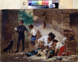 Toiletteurs de chiens a Naples（意大利）（那不勒斯的狗美容师）。Oeuvre de Feodor Andreyevich Bronnikov (1827-1902)。纸盒包装，33 x 50 厘米，俄罗斯艺术品。俄罗斯查德林斯克地区研究博物馆。