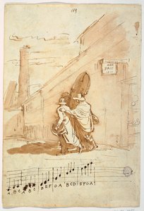 正面三位音乐家在 Albergo Della Pace 门前，1810 年 作者 菲利斯·贾尼