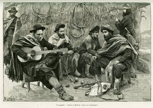 A payador，步行歌手的诗词对决。米尔巴哈的版画，为1886年埃米尔-戴罗的《拉普拉塔之旅》故事作插图，载于1888年爱德华-沙尔东（1807-1890）导演的《世界之旅》，巴黎哈切特出版社。